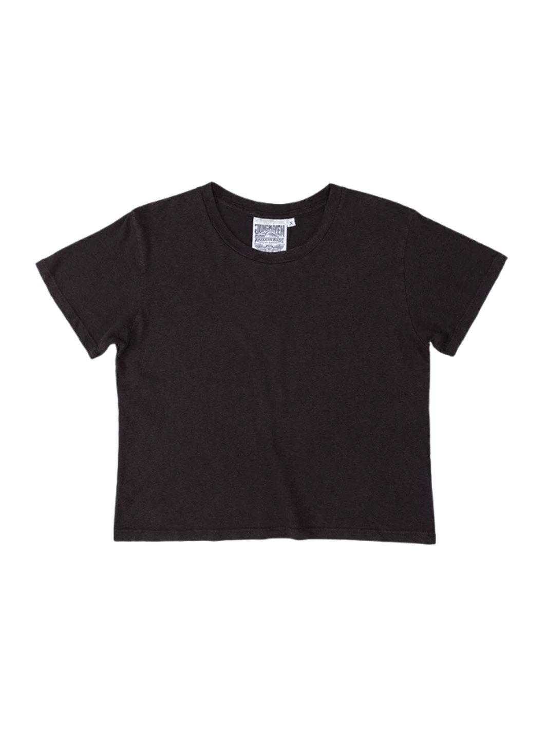 A dark charcoal grey crewneck short-sleeve Cropped Lorel Tee in Black from Jungmaven | Twentyseven Toronto
