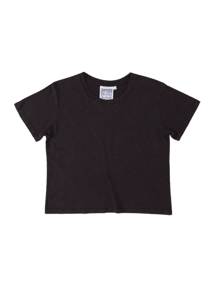 A dark charcoal grey crewneck short-sleeve Cropped Lorel Tee in Black from Jungmaven | Twentyseven Toronto