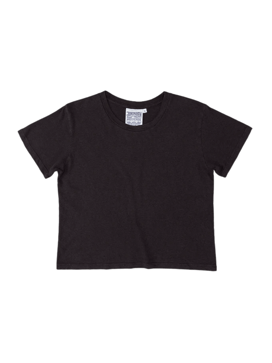 A dark charcoal grey crewneck short-sleeve Cropped Lorel Tee in Black from Jungmaven | Twentyseven Toronto