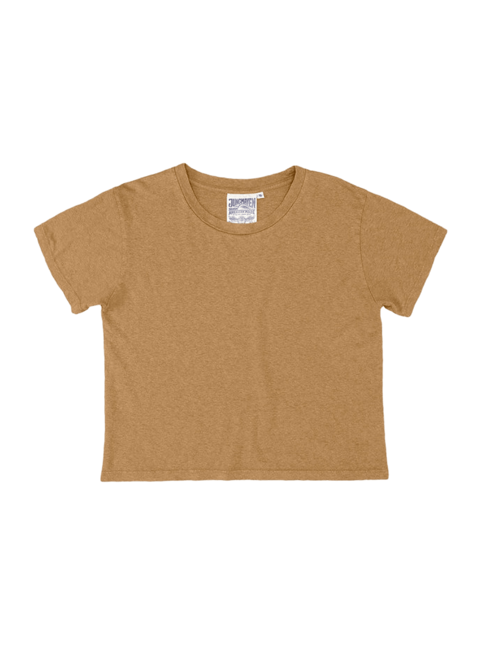 A flat lay image showcases the classic, short-sleeve crewneck structure of the Jungmaven Cropped Lorel Tee - Coyote | Twentyseven Toronto