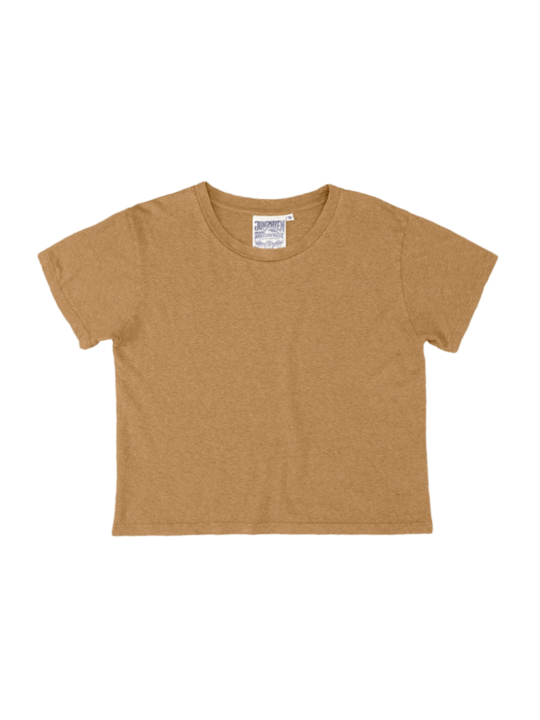 A flat lay image showcases the classic, short-sleeve crewneck structure of the Jungmaven Cropped Lorel Tee - Coyote | Twentyseven Toronto
