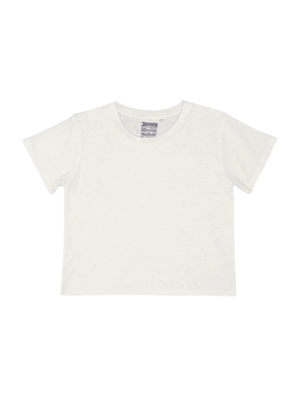A white short-sleeve Cropped Lorel Tee in Washed White from Jungmaven | Twentyseven Toronto