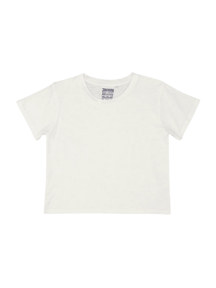 A white short-sleeve Cropped Lorel Tee in Washed White from Jungmaven | Twentyseven Toronto