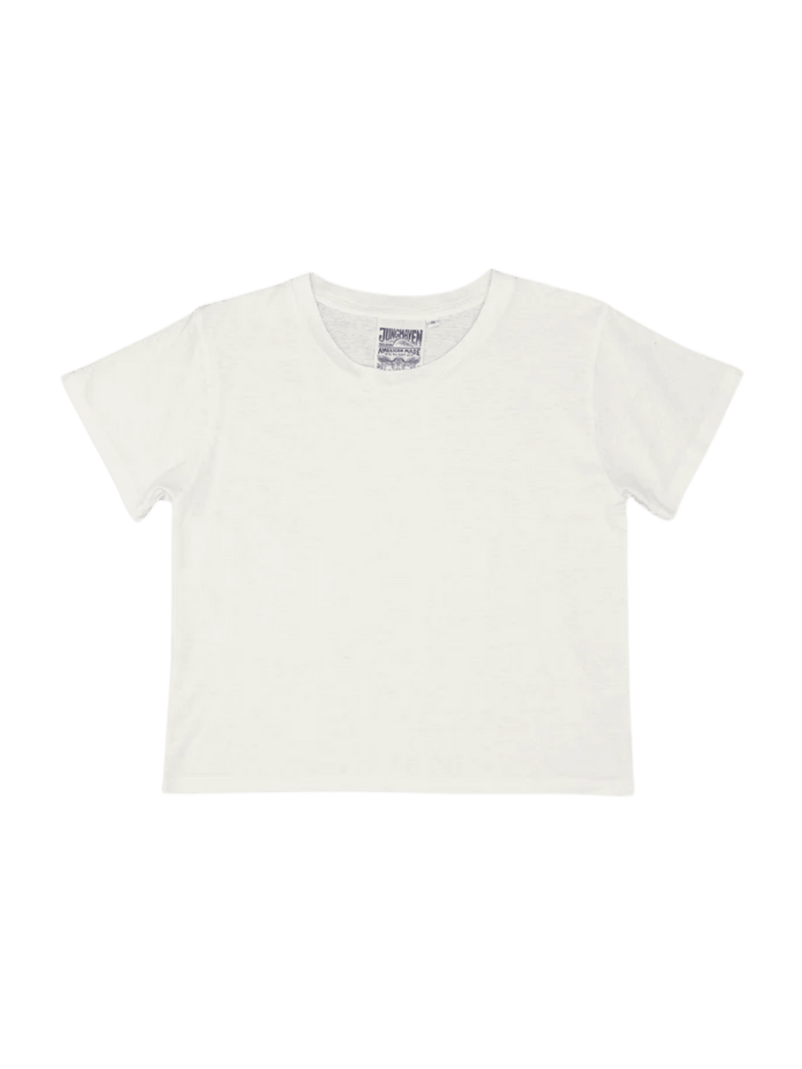 A white short-sleeve Cropped Lorel Tee in Washed White from Jungmaven | Twentyseven Toronto