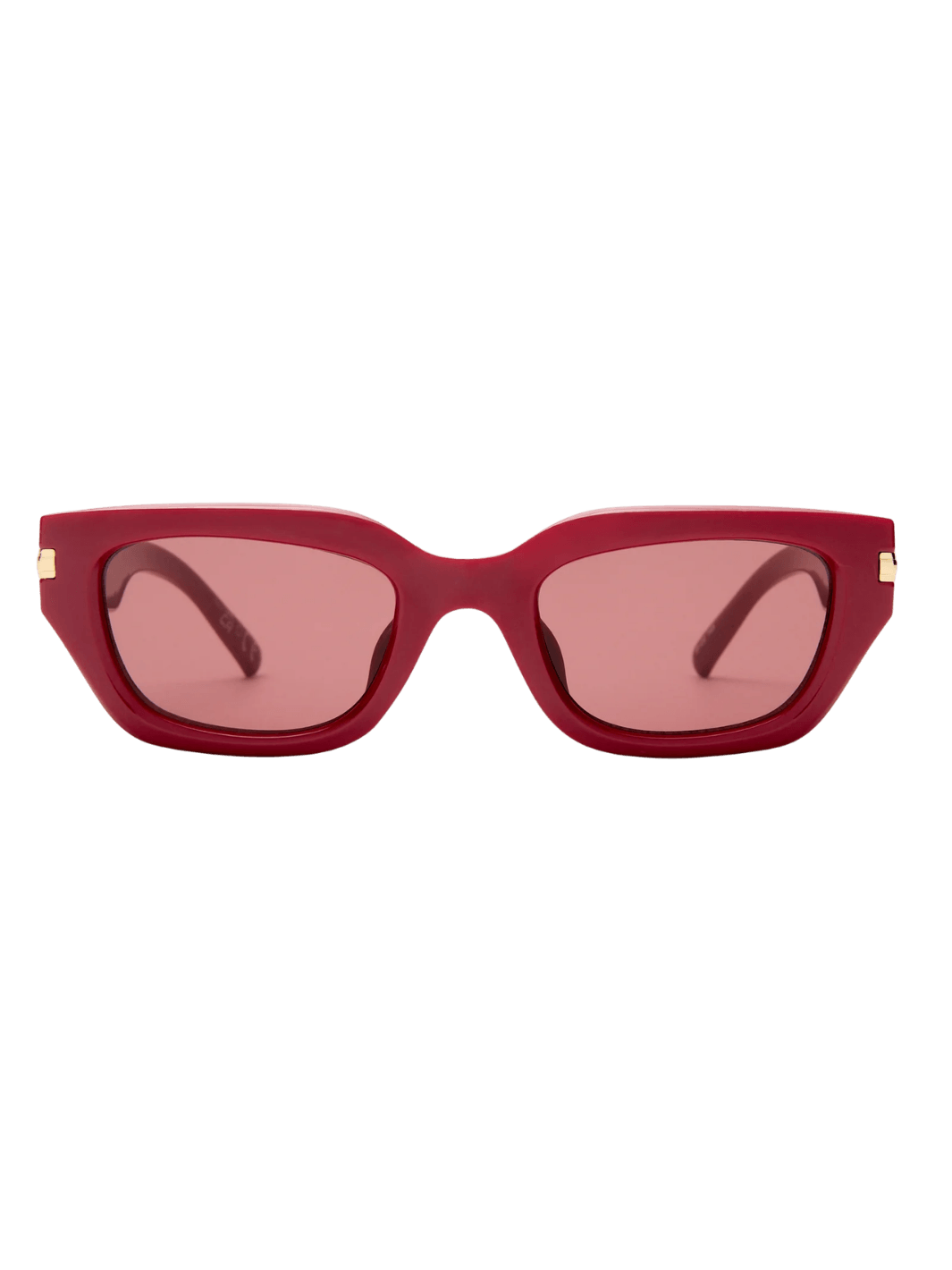 Product shot of red, thick-rimmed Le Specs Cubito + in Burgundy sunglasses on a transparent background | Twentyseven Toronto