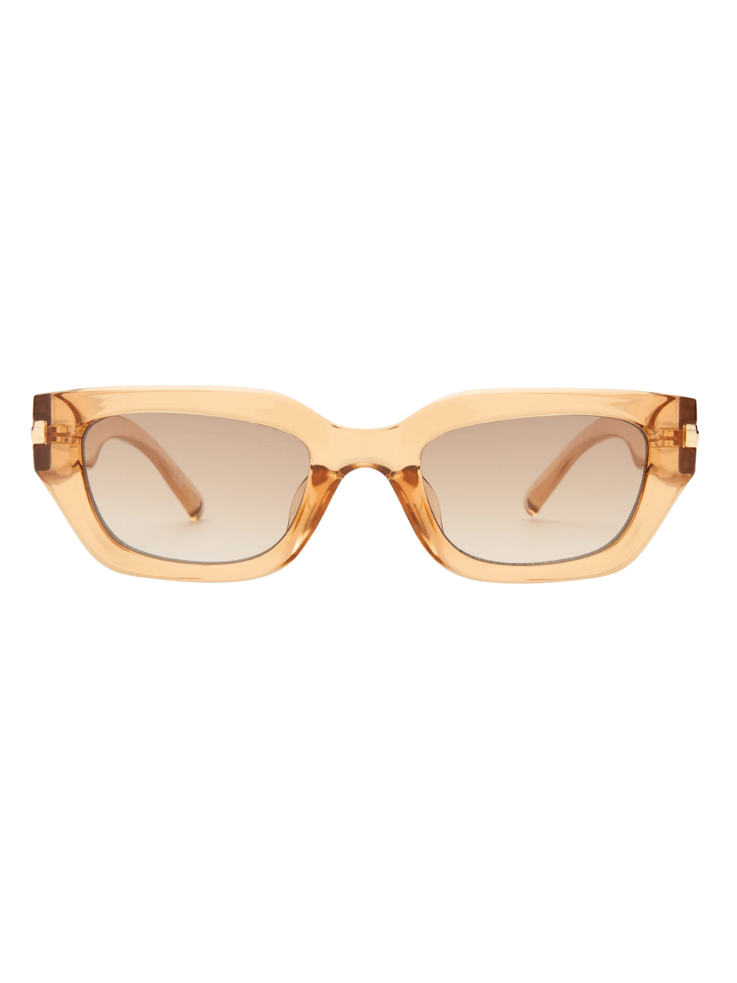 Product shot of gold-rimmed Le Specs Cubito + | Sand sunglasses centered against a transparent background | Twentyseven Toronto