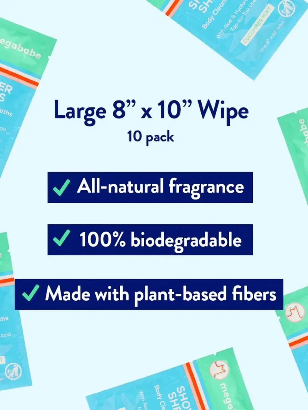 A light blue graphic lists product features like all-natural fragrance and biodegradable plant-based fibers against a backdrop of scattered packaging to showcase the quality details of the Mason Pearson Cucumber Mint Shower Sheets | Twentyseven Toronto