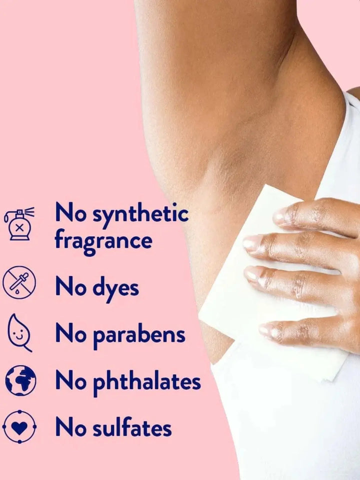 A close-up view shows a hand wiping an underarm with a white cloth next to a text list indicating a clean, ingredient-conscious formula for the Mason Pearson Cucumber Mint Shower Sheets | Twentyseven Toronto