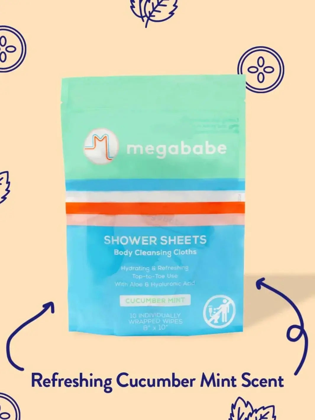 A bright green and blue Megababe brand pouch on a tan background for the Mason Pearson Cucumber Mint Shower Sheets | Twentyseven Toronto