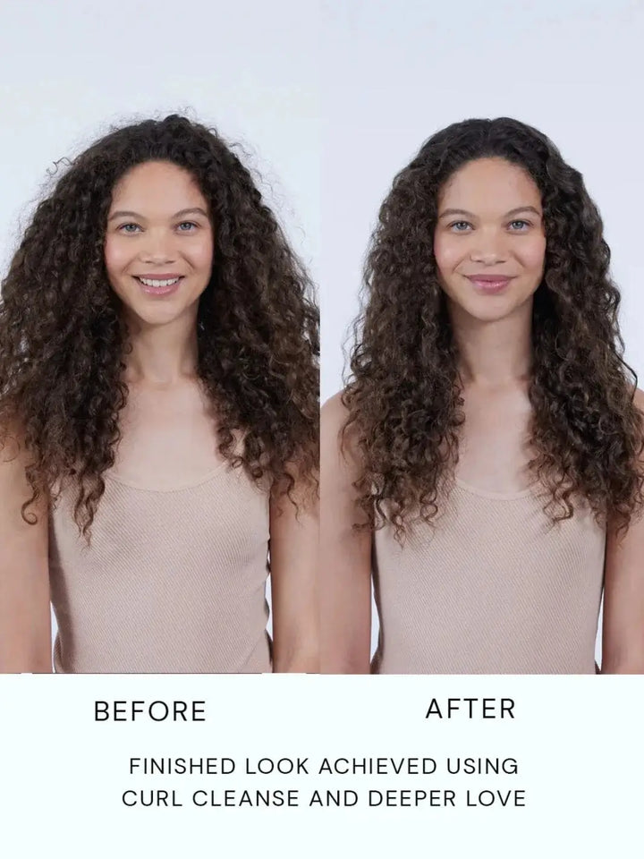 Before and after photos show a smiling woman whose long, dark hair transitions from frizzy to deeply moisturized, defined ringlets after using Hair by Sam McKnight Curl Cleanse Cleansing Conditioner | Twentyseven Toronto
