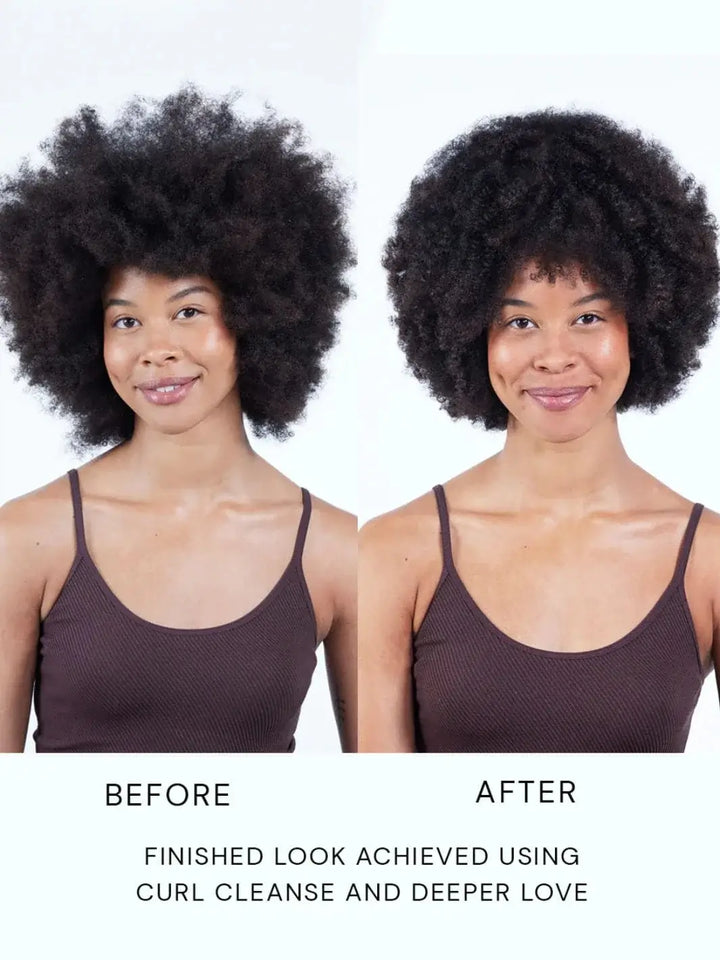 Side-by-side comparison images show a woman with a full afro, demonstrating reduced frizz and enhanced shape achieved using Hair by Sam McKnight Curl Cleanse Cleansing Conditioner | Twentyseven Toronto