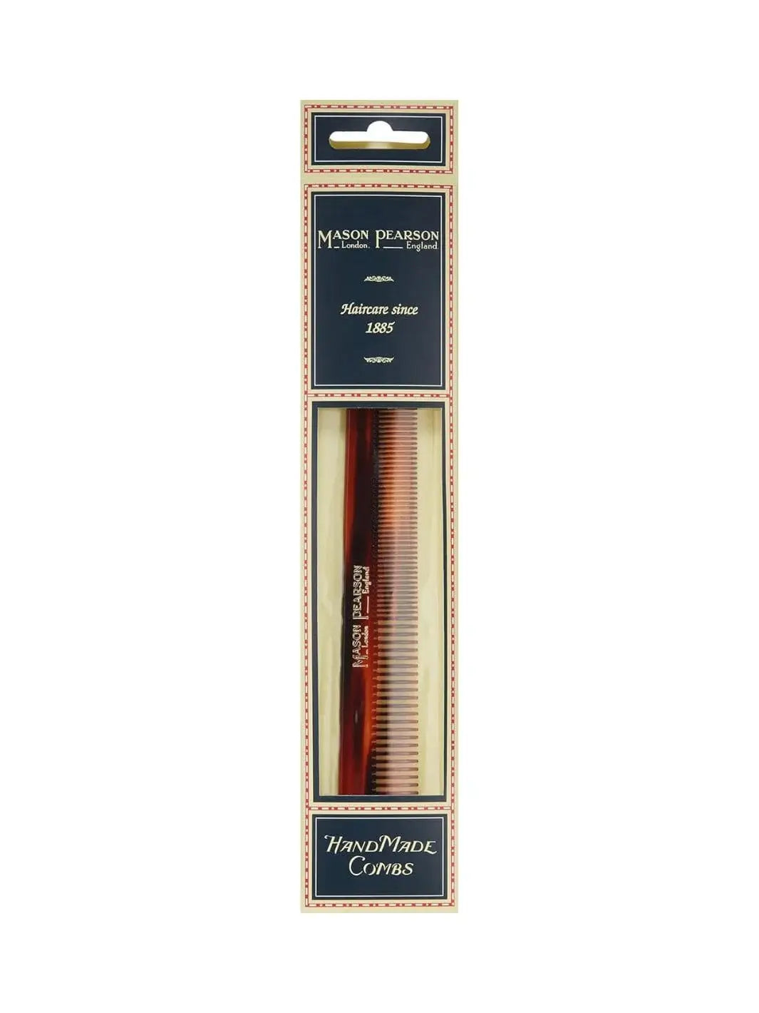 A premium tortoiseshell comb is shown inside its signature navy blue and cream retail packaging to present the product display of the Mason Pearson Cutting Comb C6 | Twentyseven Toronto