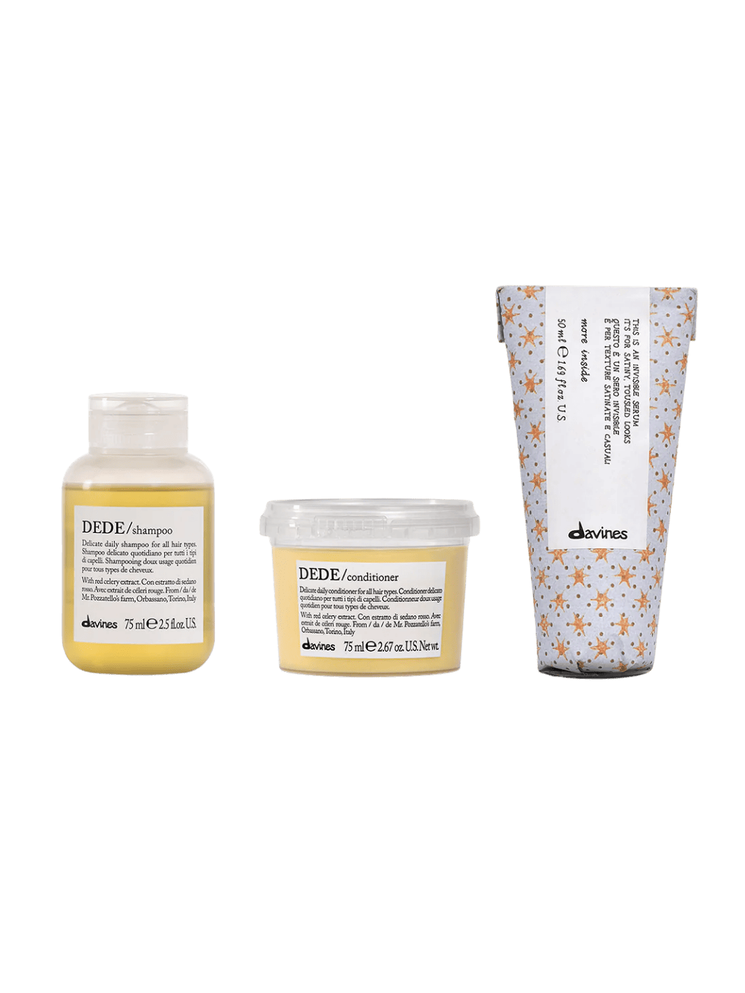 Three travel sized Davines hair care products including DEDE Shampoo, DEDE Conditioner (250ml) and This is an Invisible Serum (50ml) on a transparent background | Twentyseven Toronto