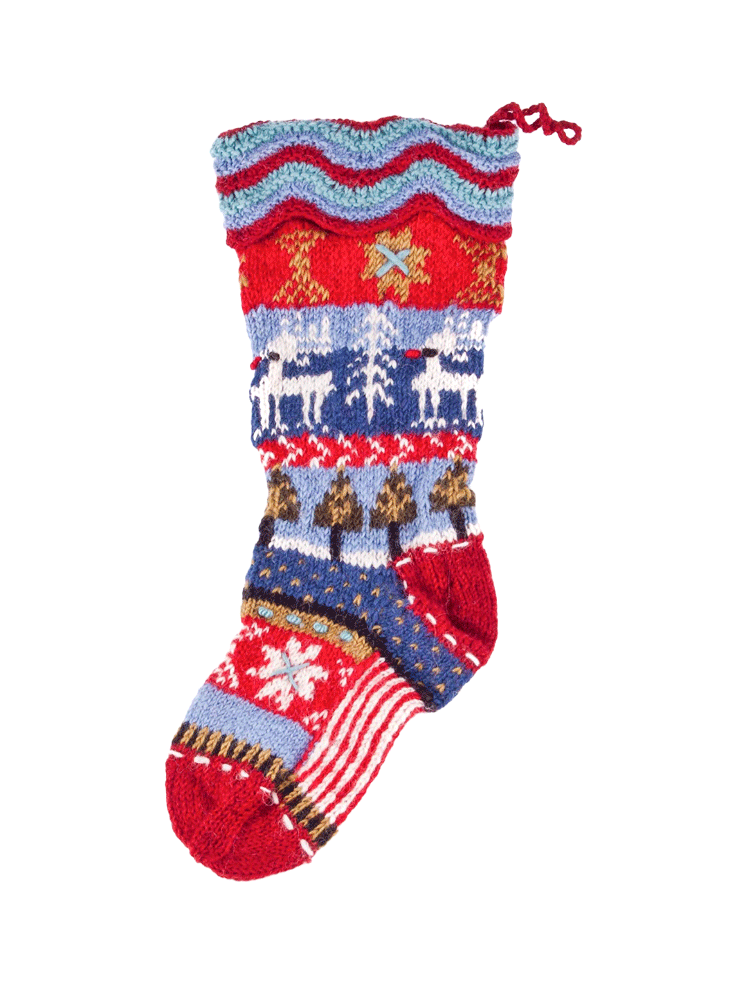 Lost Horizons Canada Dalarna hand-knit wool Christmas stocking featuring white reindeer, pine trees and snowflakes in red and blue, with a wavy knit cuff | Twentyseven Toronto