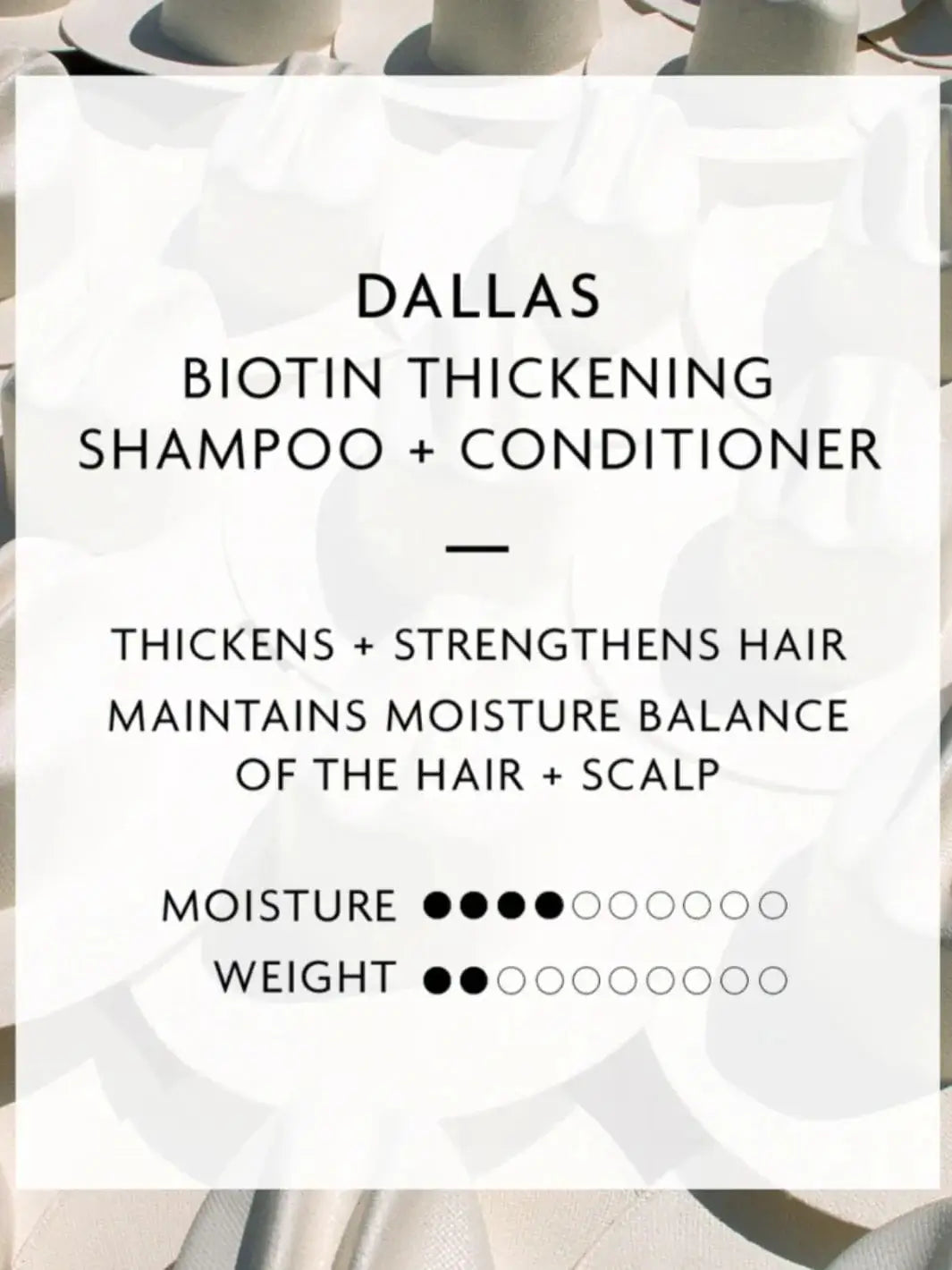 A graphic card detail highlights the product benefits, moisture level, and weight rating for the R+Co DALLAS Biotin Thickening Shampoo and conditioner duo | Twentyseven Toronto