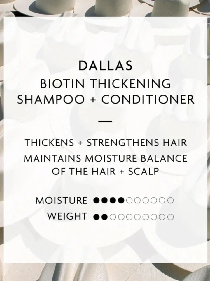 A graphic card detail highlights the product benefits, moisture level, and weight rating for the R+Co DALLAS Biotin Thickening Shampoo and conditioner duo | Twentyseven Toronto