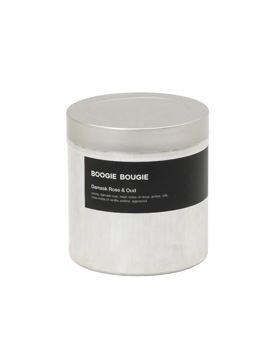 Damask Rose and Oud candle with 'Boogie Bougie' label on a transparent background | Twentyseven Toronto