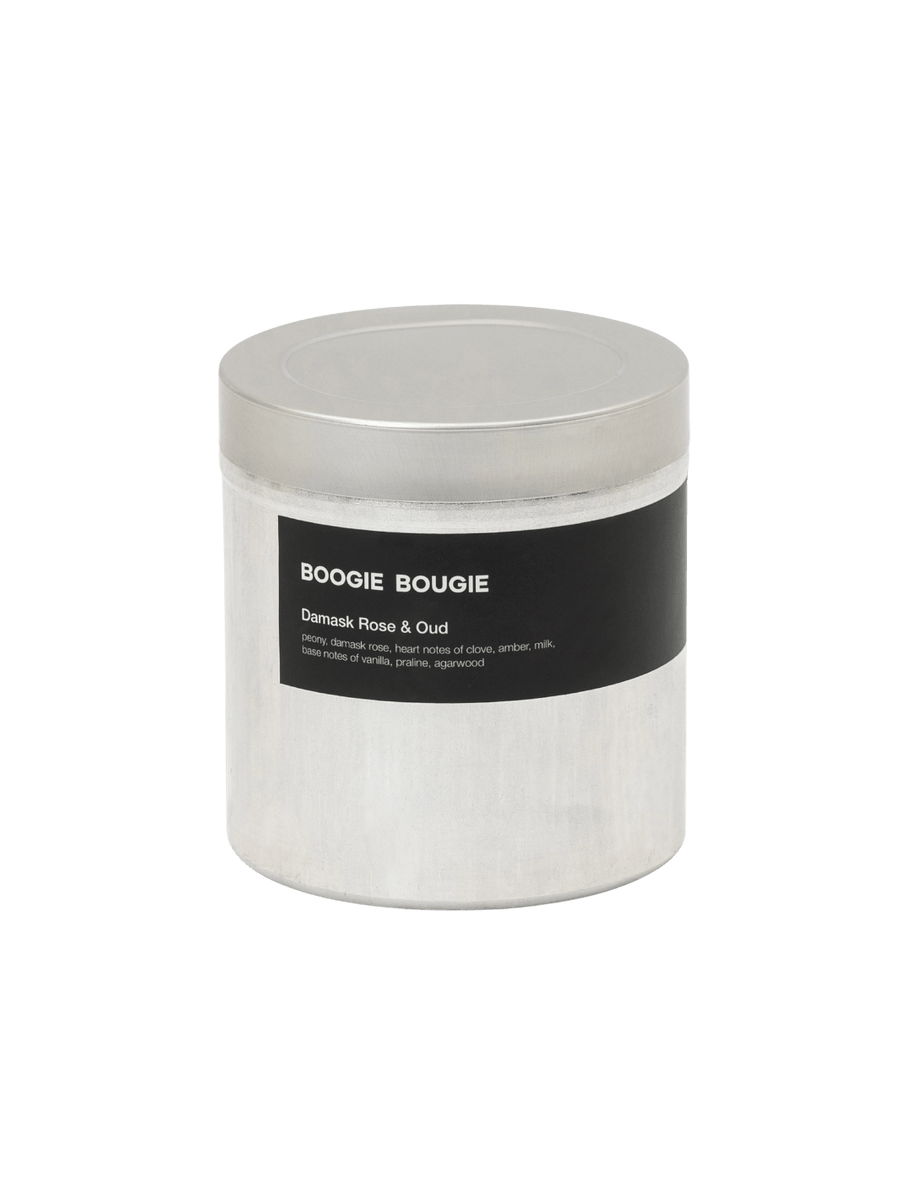 Damask Rose and Oud candle with 'Boogie Bougie' label on a transparent background | Twentyseven Toronto