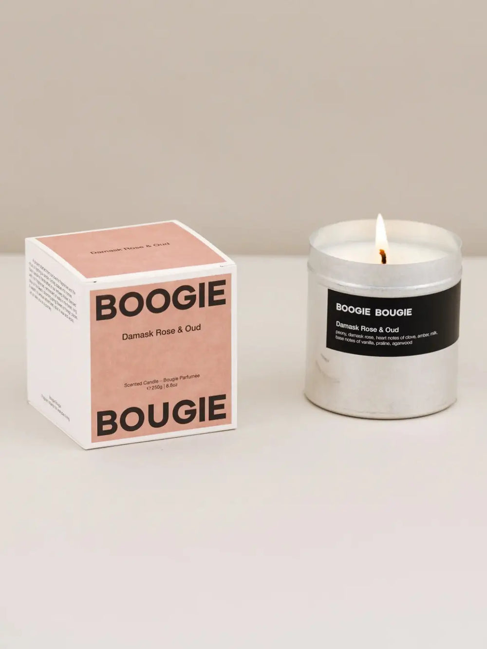 Boogie Bougie Damask Rose and Oud candle and pink packaging on a white background | Twentyseven Toronto