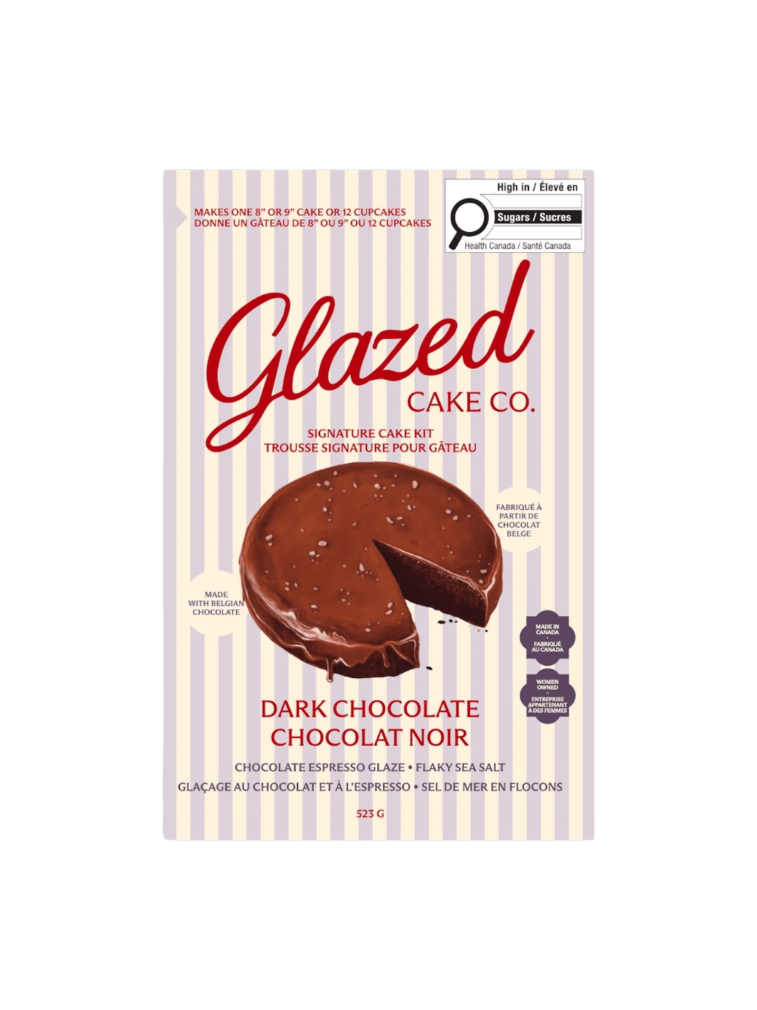 The product packaging for the Glazed Cake Co Dark Chocolate Cake Mix kit features a blue and white striped background with an illustration of a rich chocolate cake topped with flaky sea salt | Twentyseven Toronto