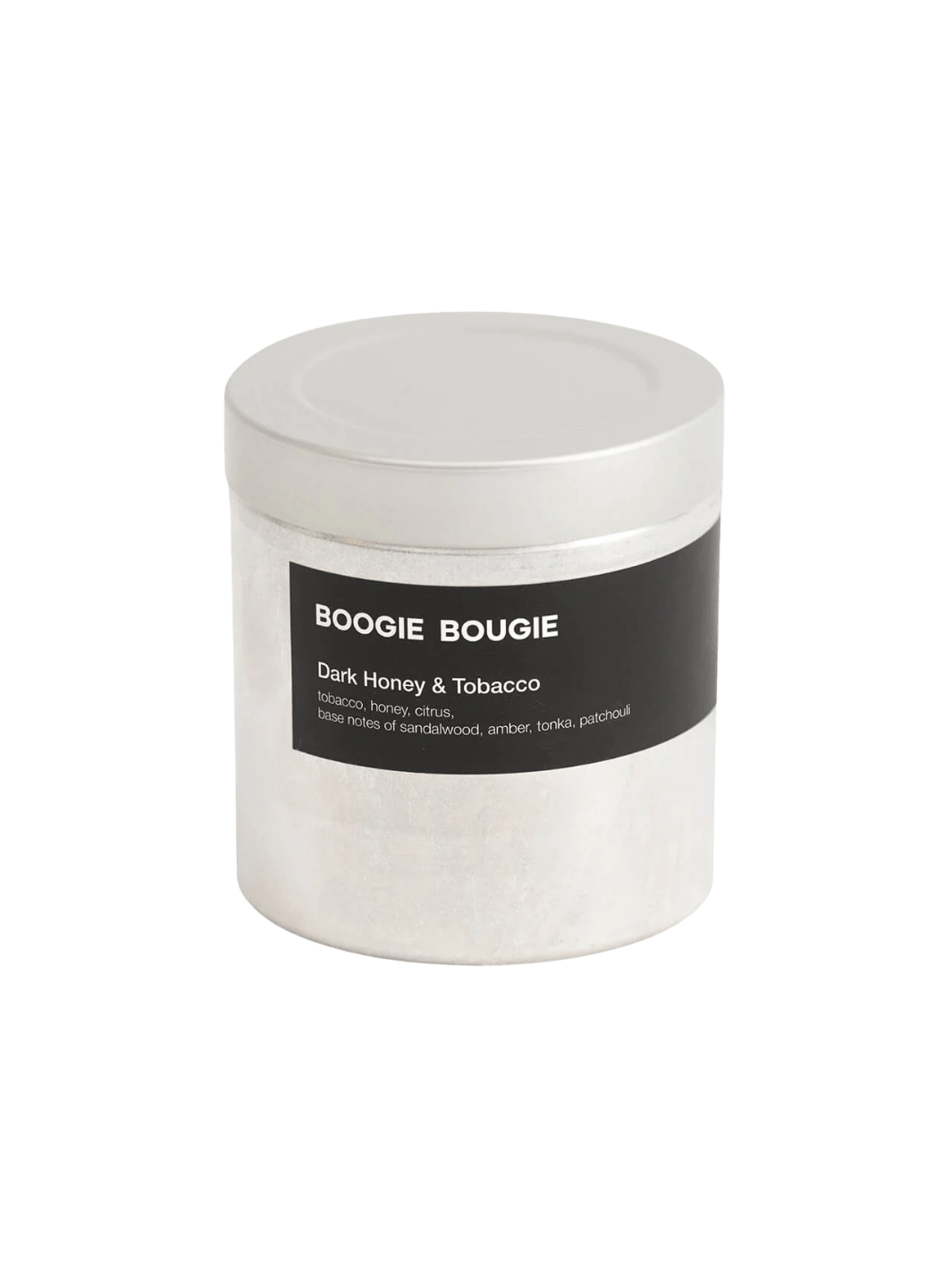 Dark Honey and Tobacco candle with 'Boogie Bougie' label on a transparent background | Twentyseven Toronto