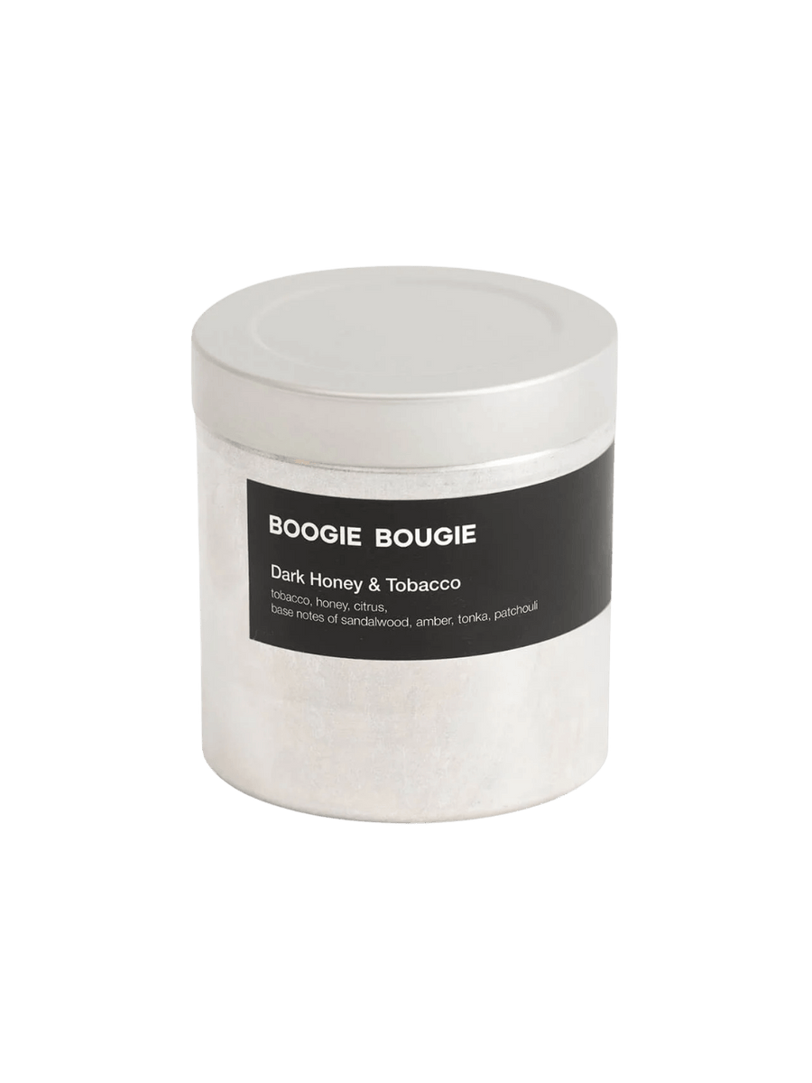 Dark Honey and Tobacco candle with 'Boogie Bougie' label on a transparent background | Twentyseven Toronto