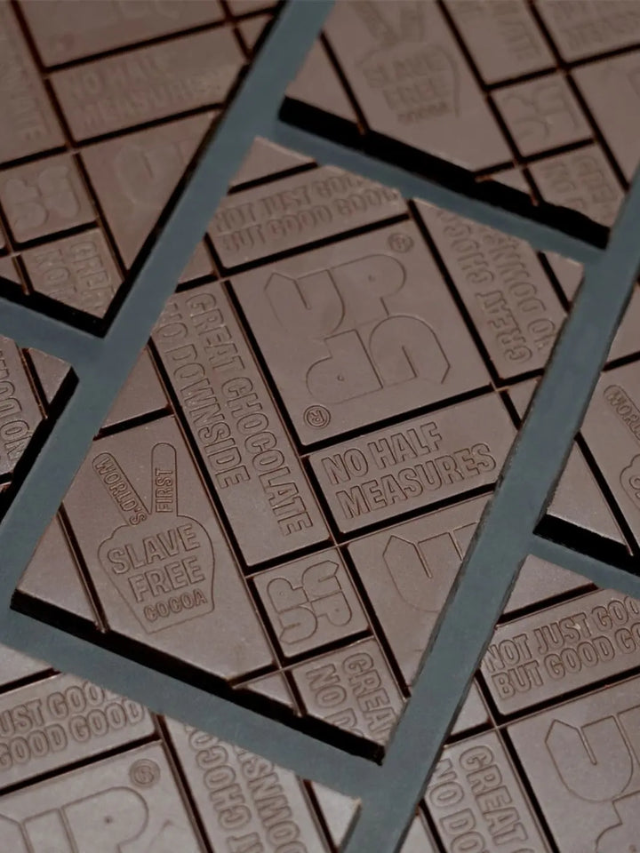 Close up shot of dark sea salt dark chocolate bar from 'Up Up Chocolate' | Twentyseven Toronto