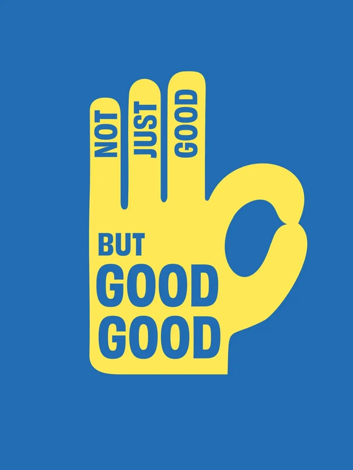 Yellow hand icon with text 'Not Just Good But Good Good' from Up Up Chocolate on a blue background | Twentyseven Toronto