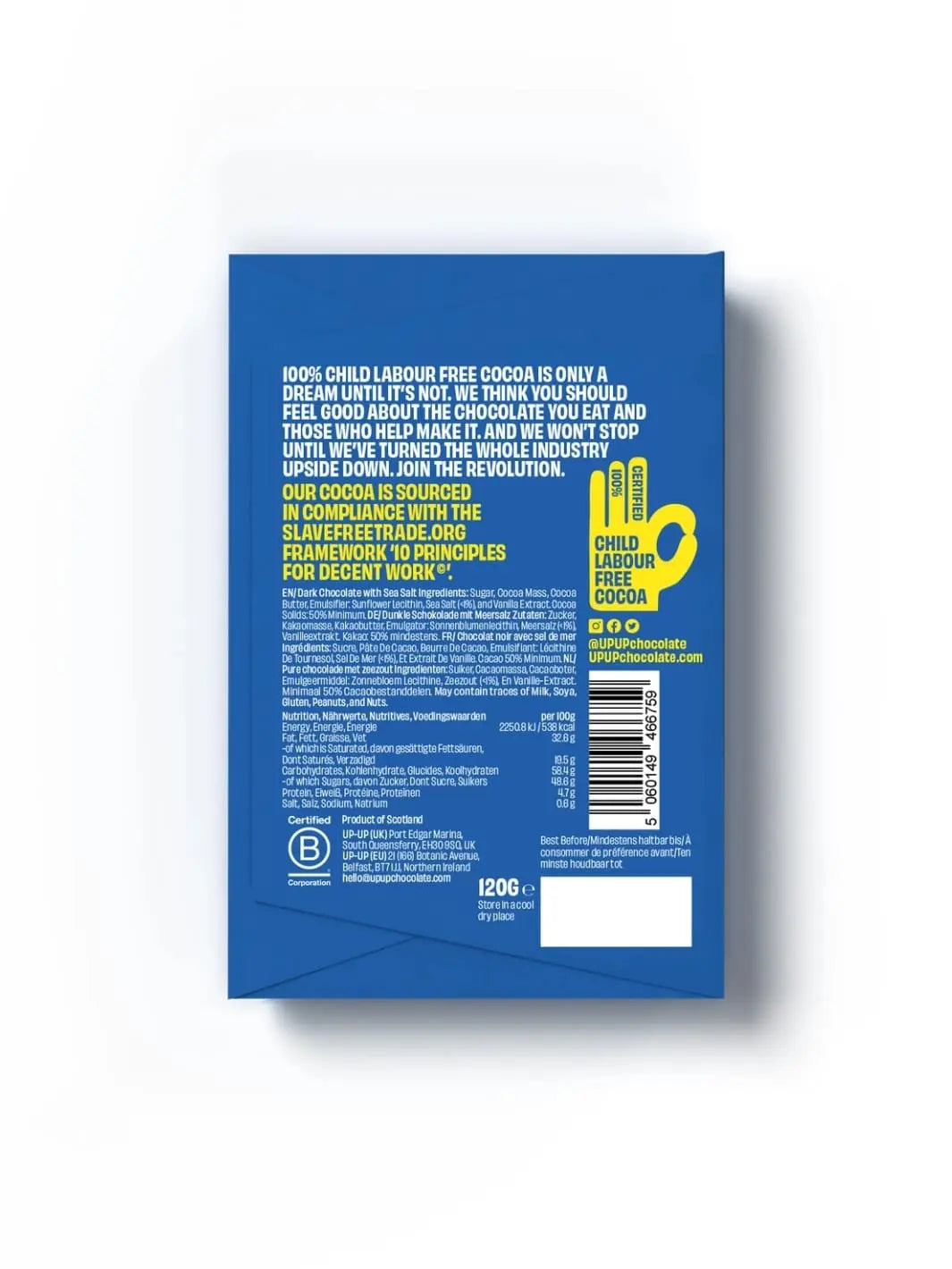 Back of Dark Sea Salt Chocolate in blue packaging from 'Up Up Chocolate' with text and a yellow logo on a white background | Twentyseven Toronto