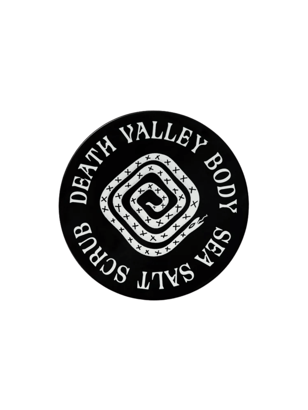 Black circular jar lid for Death Valley Nails Dead Sea Salt Scrub - Lemon + Sage + Peppermint + Earth, showcasing a white coiled snake illustration in the center | Twentyseven Toronto