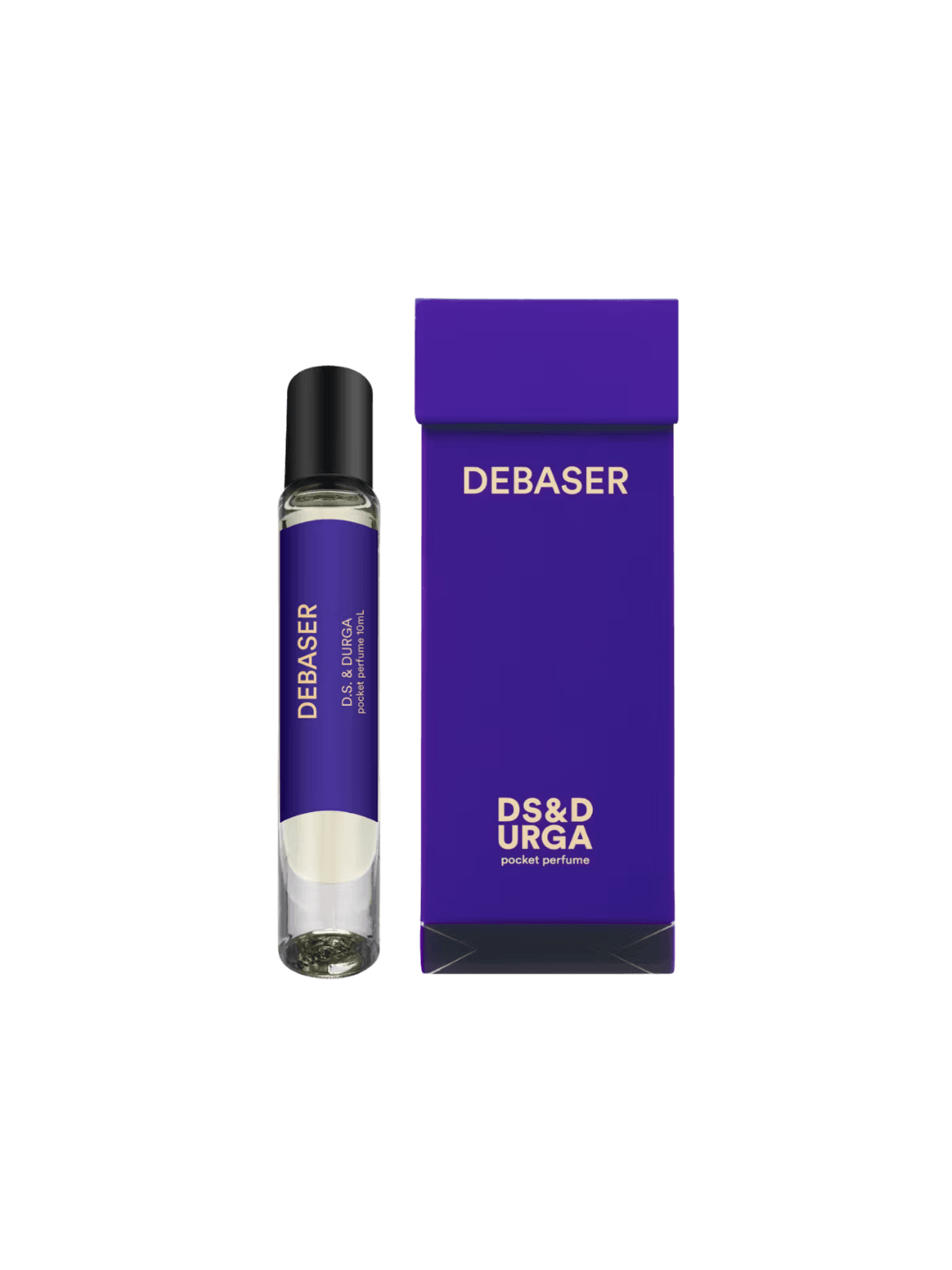 DS&Durga 'Debaser' perfume 10ml roller bottle and purple packaging on a transparent background | Twentyseven Toronto