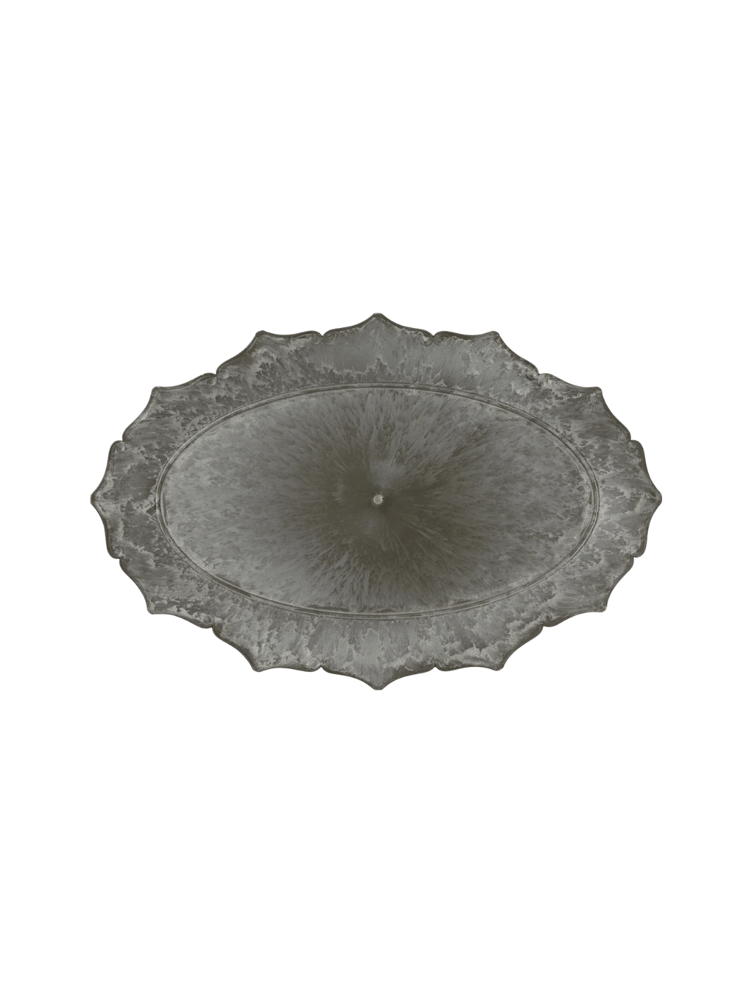 An overhead product shot of the dark, weathered Decoration Tray / Oval from Puebco, highlighting its symmetrical ornate border and central marbled patina | Twentyseven Toronto