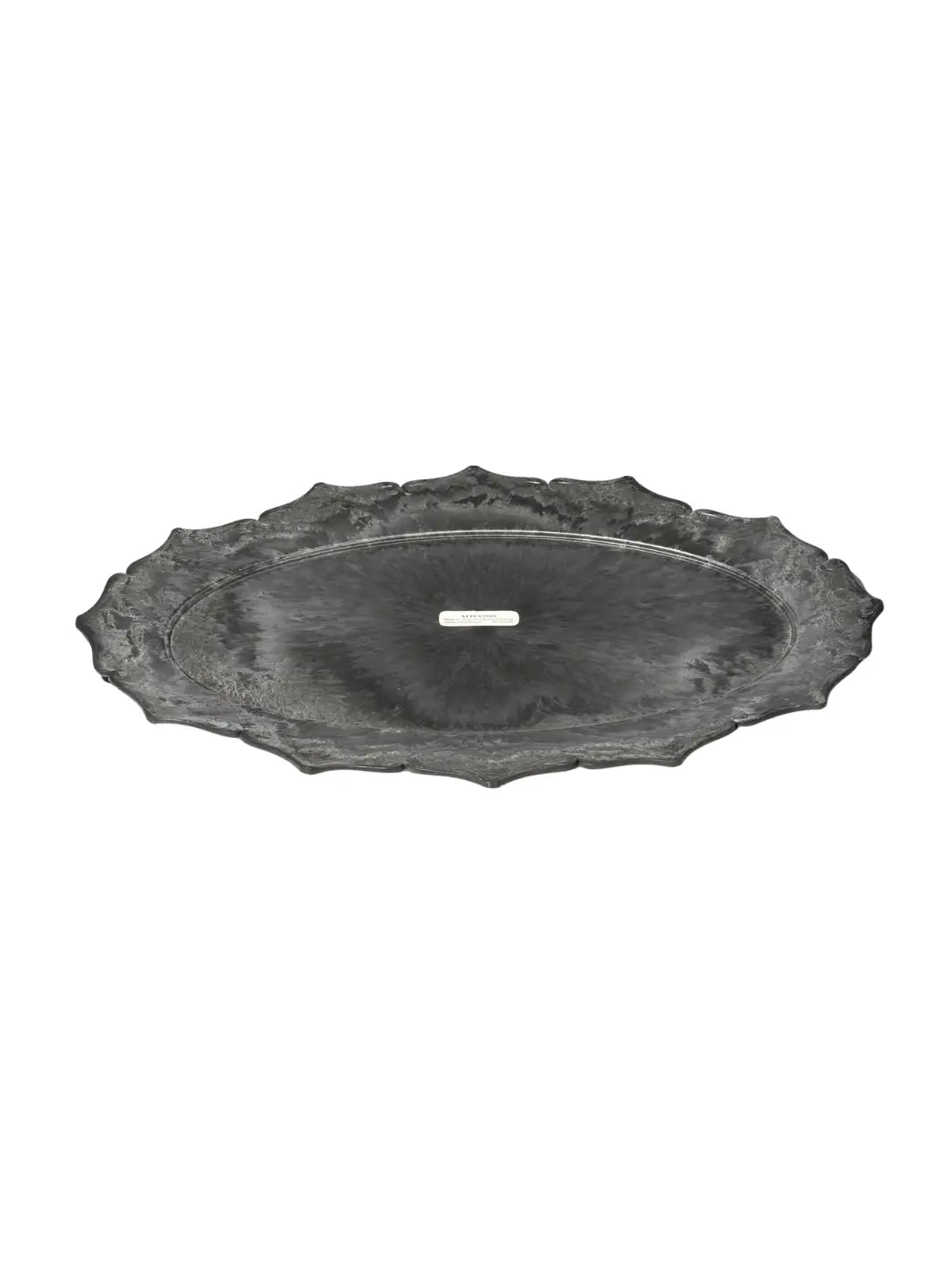 Wide-angle studio shot of the dark grey, vintage-inspired Decoration Tray / Oval from Puebco, showcasing its scalloped edges | Twentyseven Toronto