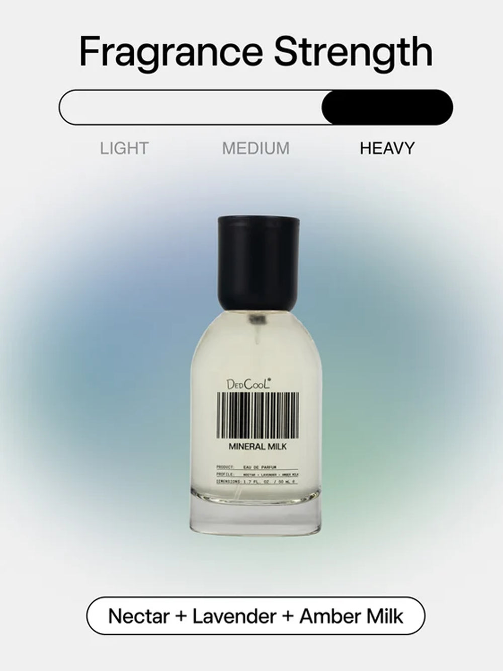 DedCool Mineral Milk Eau de Parfum with a fragrance strength graphic and notes of nectar, lavender, and amber milk | Twentyseven Toronto