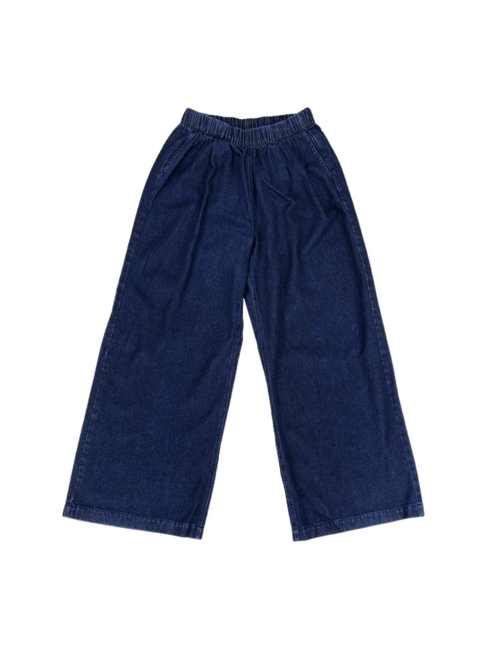A flat lay product image displays the elastic waistband and relaxed, wide-leg silhouette of the dark blue Jungmaven Disco Denim Pant - Dark | Twentyseven Toronto
