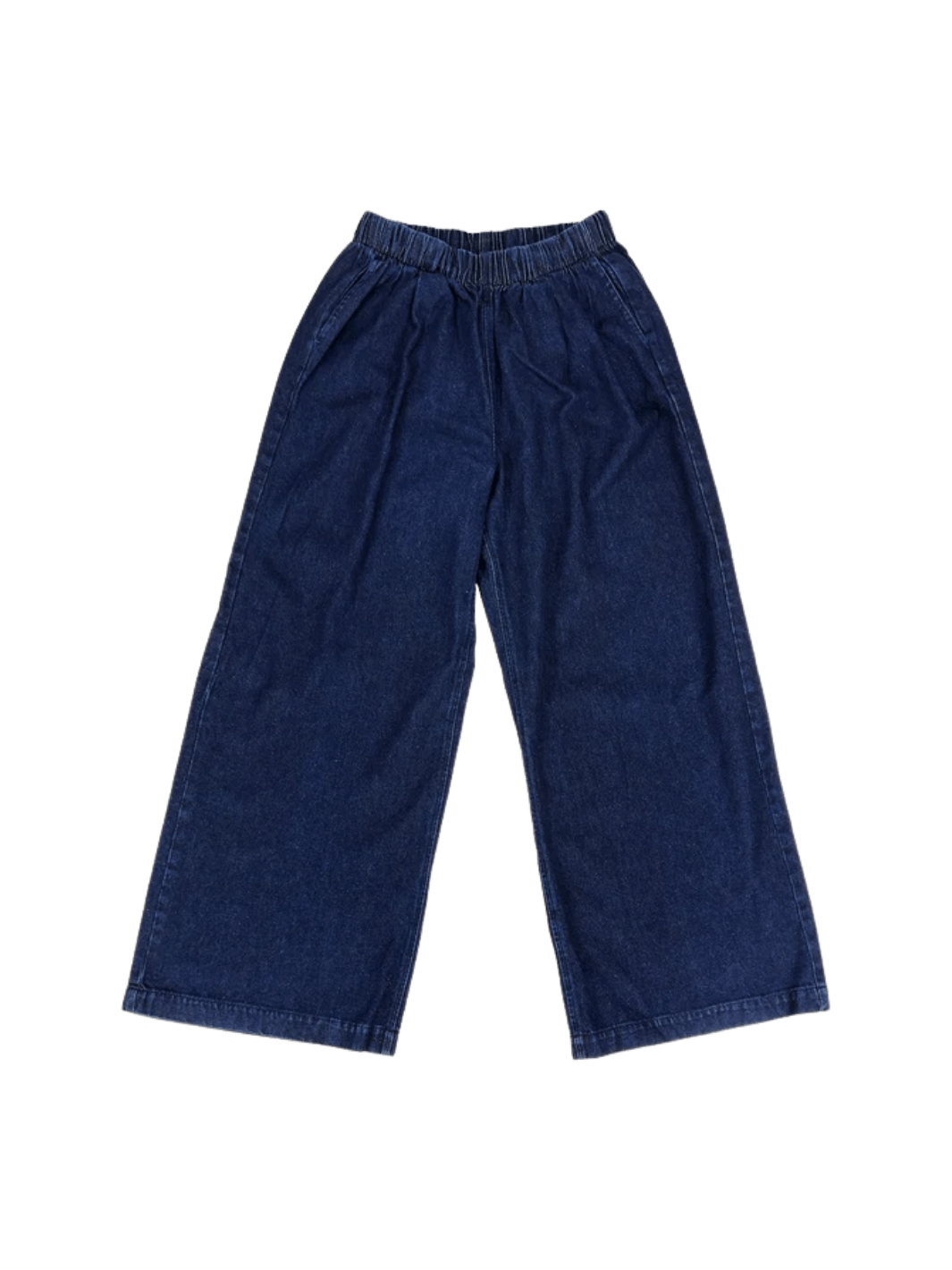 A flat lay product image displays the elastic waistband and relaxed, wide-leg silhouette of the dark blue Jungmaven Disco Denim Pant - Dark | Twentyseven Toronto