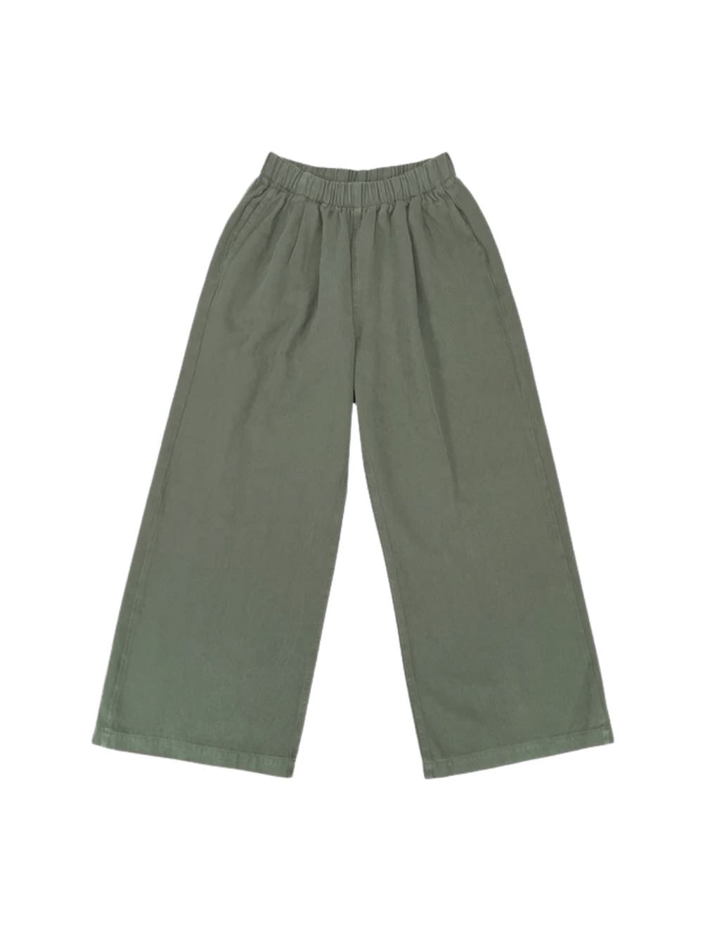 A flat lay product image displays the relaxed, wide-leg design and gathered elastic waistband of the Jungmaven Disco Twill Pant - Olive Green | Twentyseven Toronto