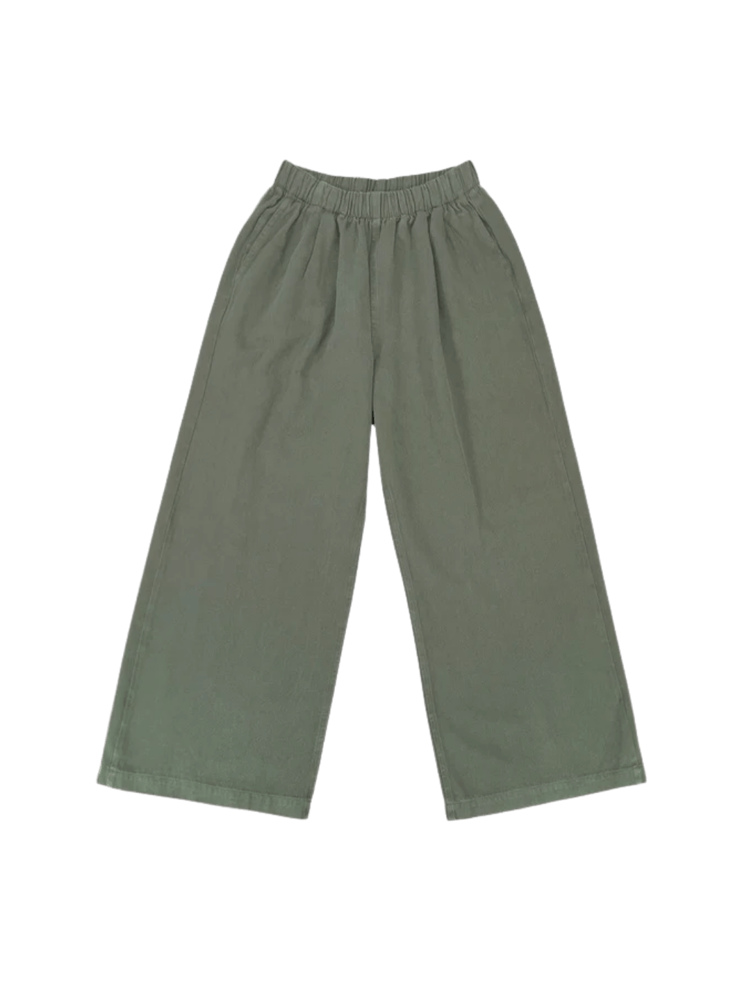 A flat lay product image displays the relaxed, wide-leg design and gathered elastic waistband of the Jungmaven Disco Twill Pant - Olive Green | Twentyseven Toronto