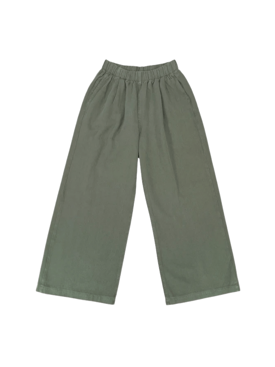 A flat lay product image displays the relaxed, wide-leg design and gathered elastic waistband of the Jungmaven Disco Twill Pant - Olive Green | Twentyseven Toronto