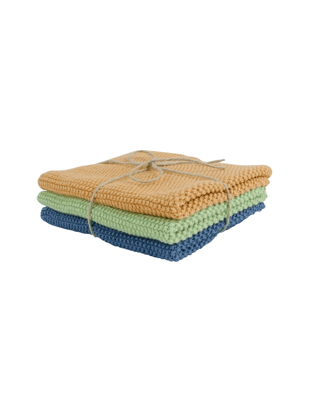 Stack of folded knitted dishcloths in orange, green, and blue tied with twine from Burstenhaus Redecker on a transparent background | Twentyseven Toronto