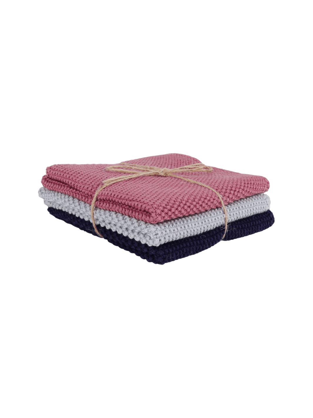 Stack of folded knitted dishcloths in pink, white, and navy tied with twine from Burstenhaus Redecker on a transparent background | Twentyseven Toronto