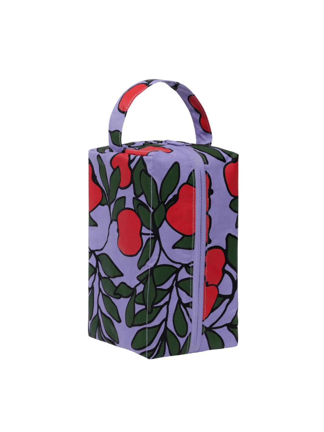 A rectangular BAGGU Dopp Kit in Apple Tree features a purple background with a red apple and green leaf pattern and a top carry handle | Twentyseven Toronto