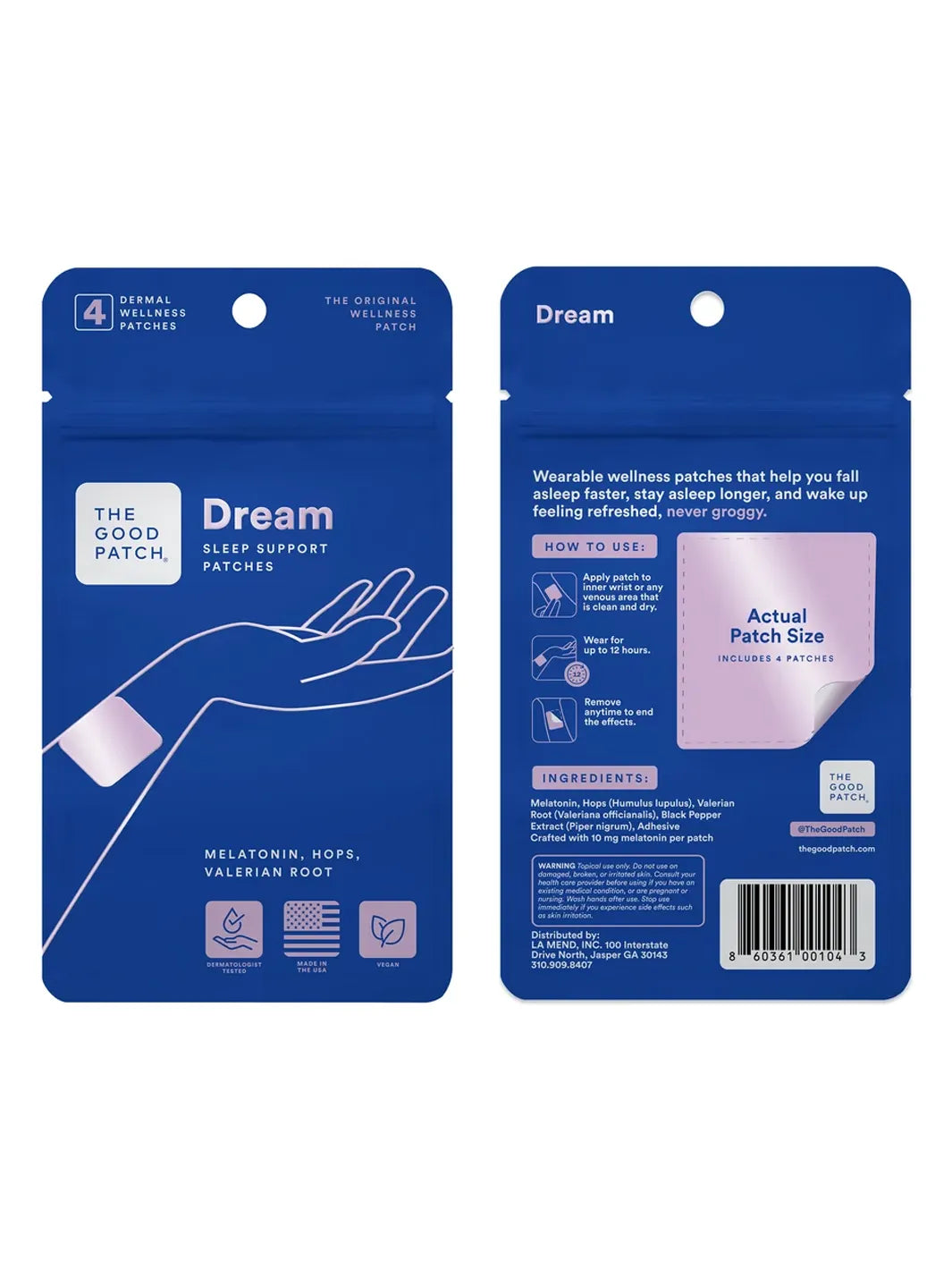 Front and back packaging of The Good Patch Dream sleep support patches with directions, ingredients and patch size | Twentyseven Toronto