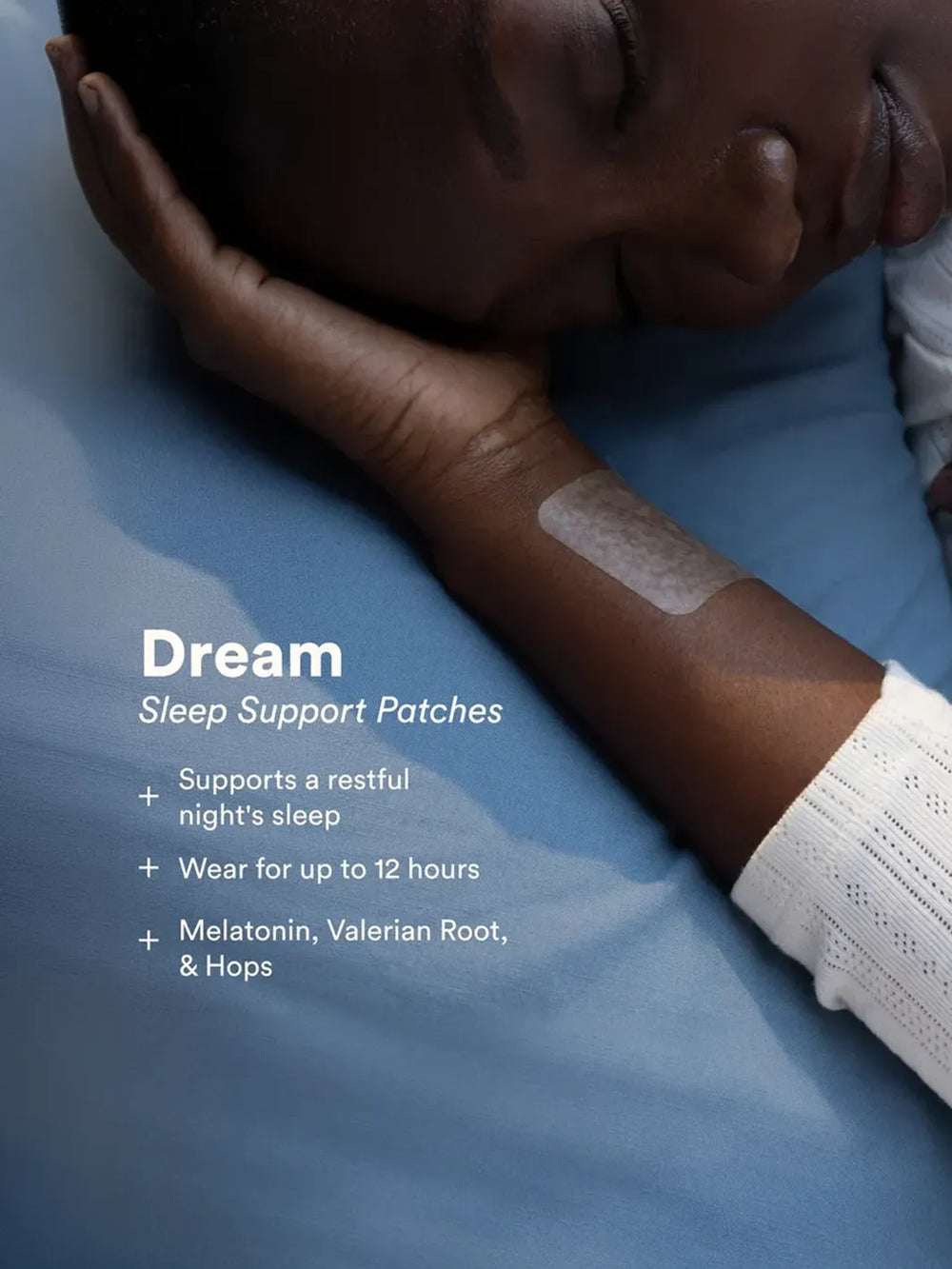 Person sleeping while wearing The Good Patch Dream sleep support patch with melatonin, valerian root and hops | Twentyseven Toronto
