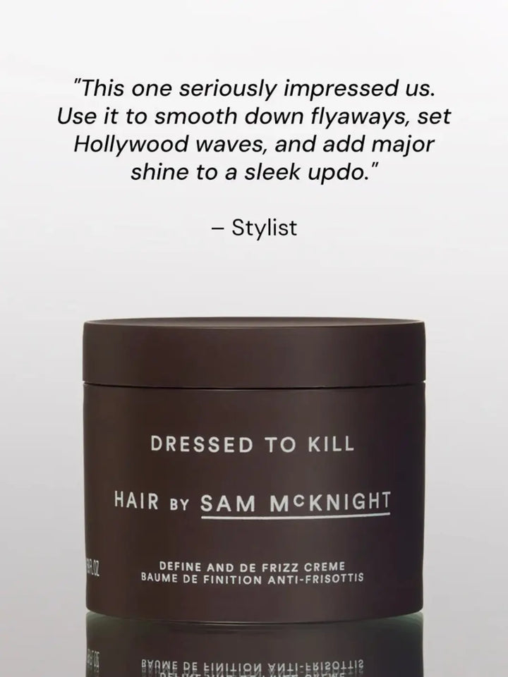 A dark product jar of Hair by Sam McKnight Dressed to Kill Define and Defrizz Creme positioned underneath a positive review quote from a stylist | Twentyseven Toronto