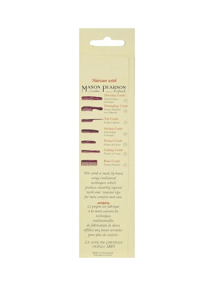The cream-colored back of the packaging outlines the handmade craftsmanship details and lists the entire comb collection, featuring the Mason Pearson Dressing Comb C1 at the top of the product guide | Twentyseven Toronto