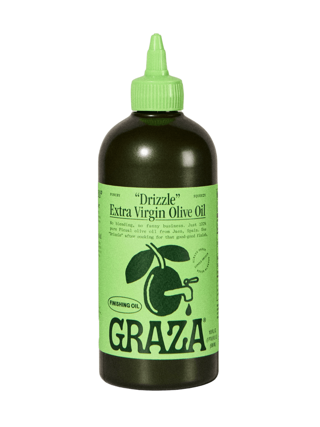 Green 500ml bottle of Graza 'Drizzle' Extra Virgin Olive Oil on a transparent background | Twentyseven Toronto