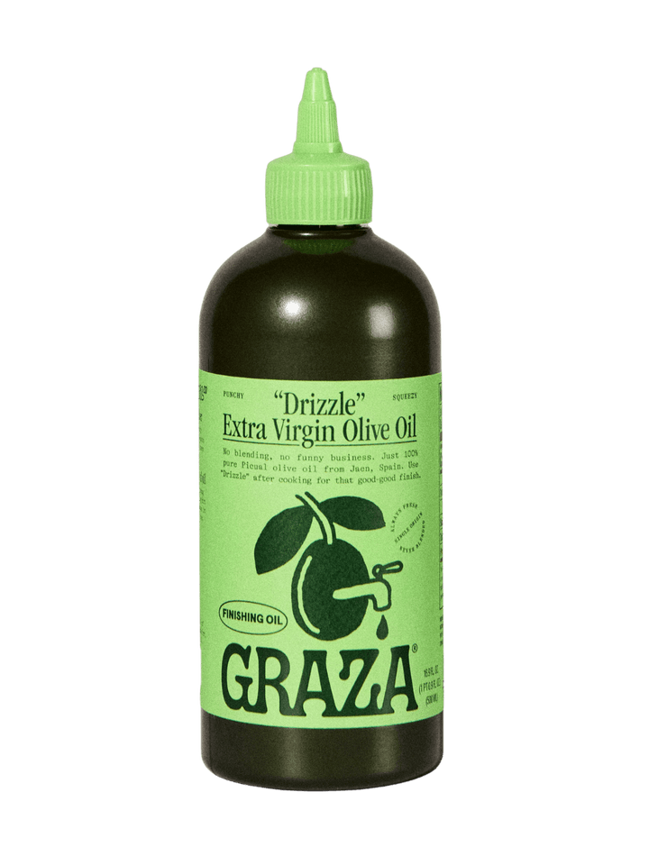 Green 500ml bottle of Graza 'Drizzle' Extra Virgin Olive Oil on a transparent background | Twentyseven Toronto