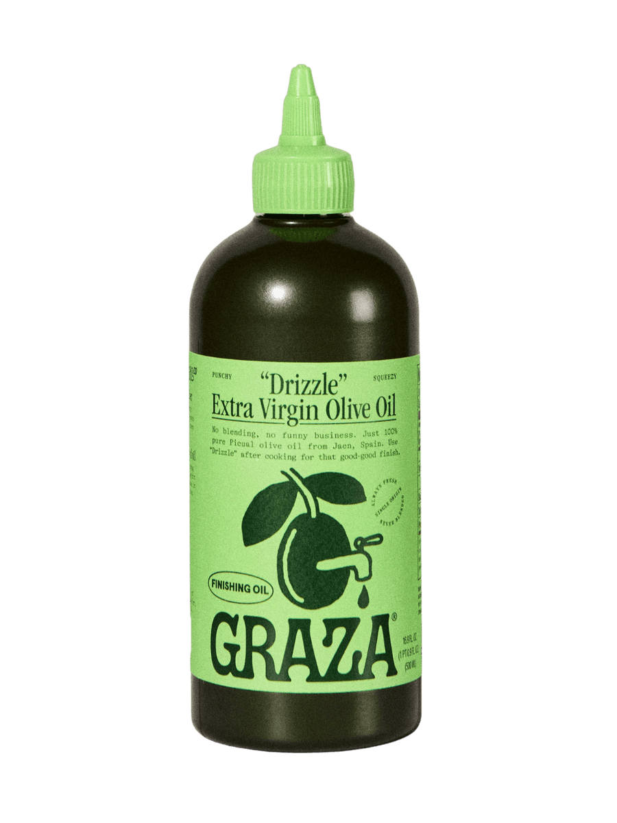 Green 500ml bottle of Graza 'Drizzle' Extra Virgin Olive Oil on a transparent background | Twentyseven Toronto
