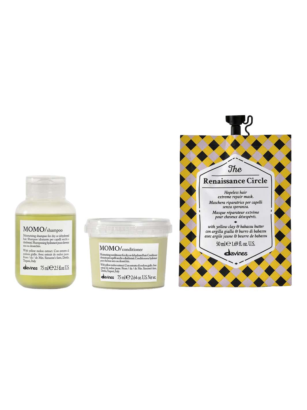 Three Davines hair care products including MOMO Shampoo (75ml), MOMO Conditioner (75ml) and The Renaissance Circle Hair Mask (50ml) on a green background | Twentyseven Toronto